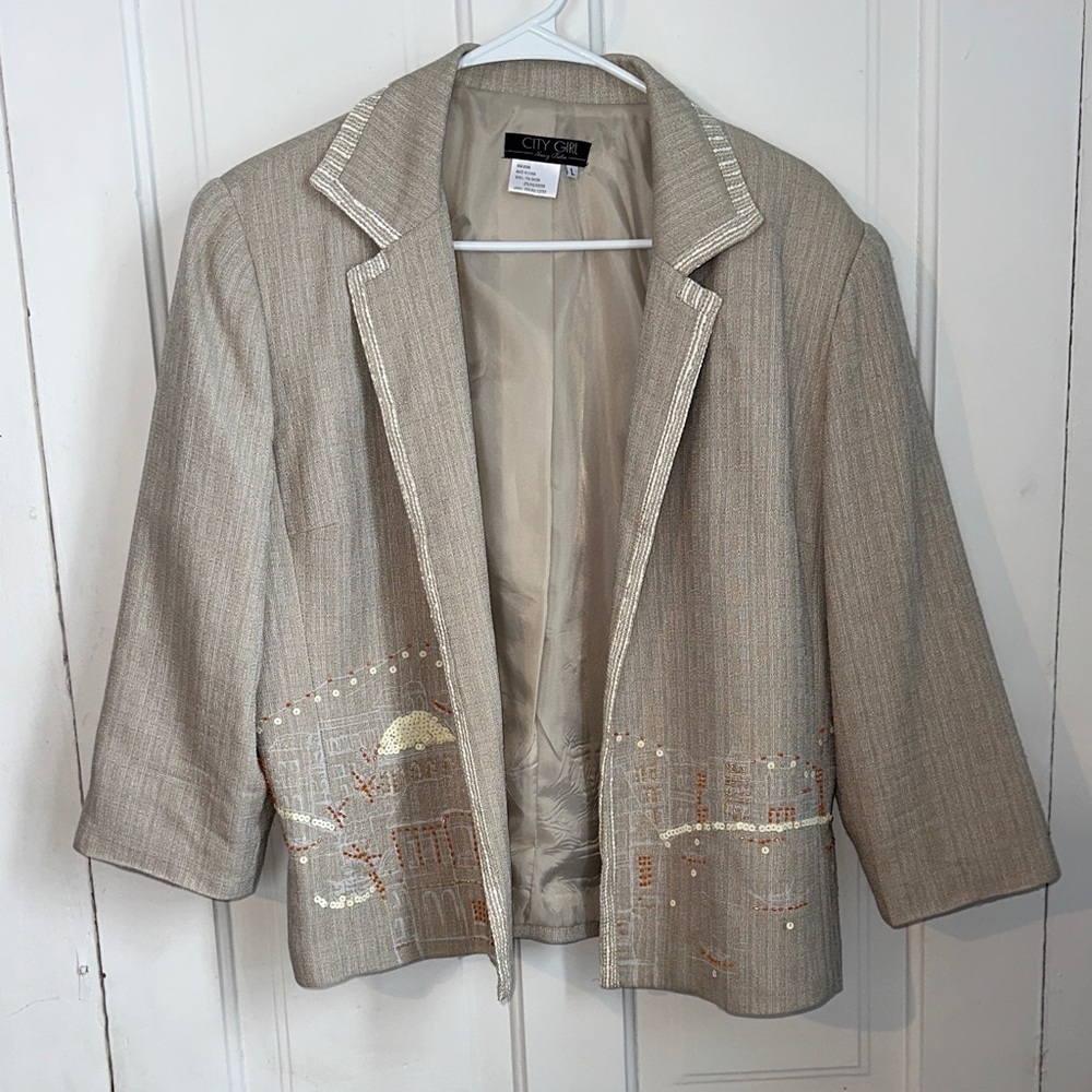 City Girl Beige Embellished Blazer women’s Large Shoulder Pads Vintage